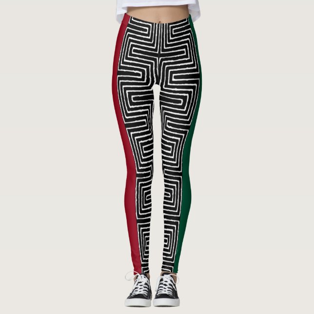 Red Black Green Maze African Mud Cloud Leggings (Vorderseite)