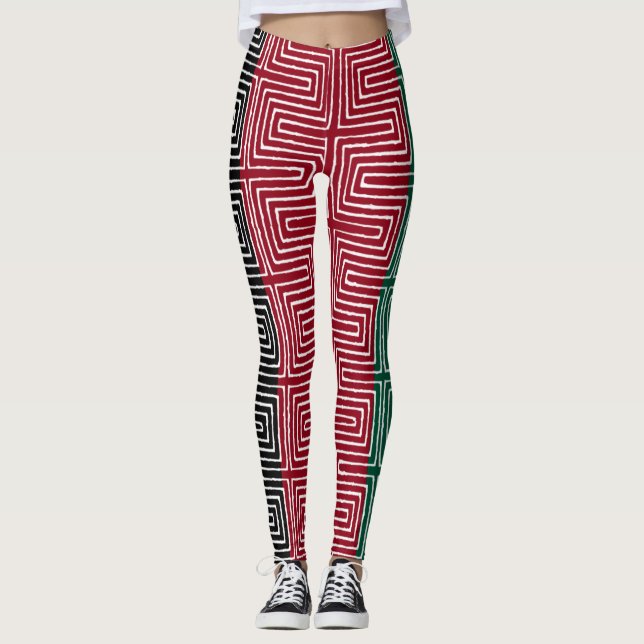 Red Black Green Maze African Mud Cloud Leggings (Vorderseite)
