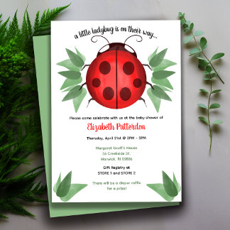 Red, Black, Green Watercolor Ladybug Babydusche Einladung