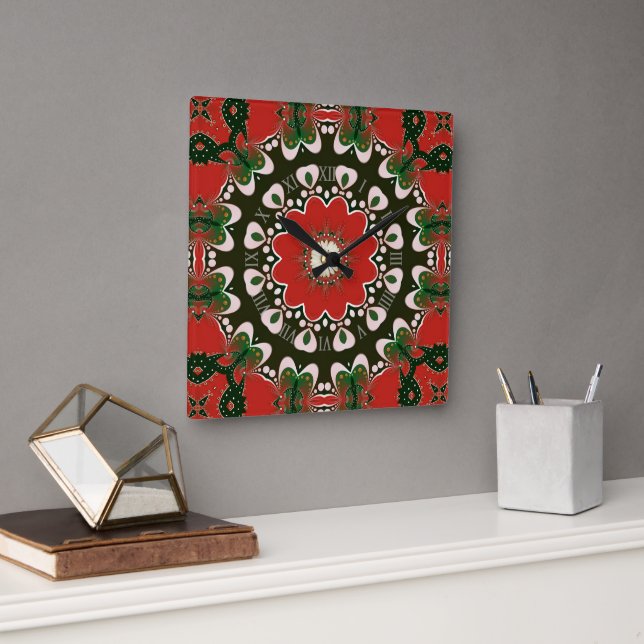 Red Black Green & White Groovy Mandala Quadratische Wanduhr (Büro)