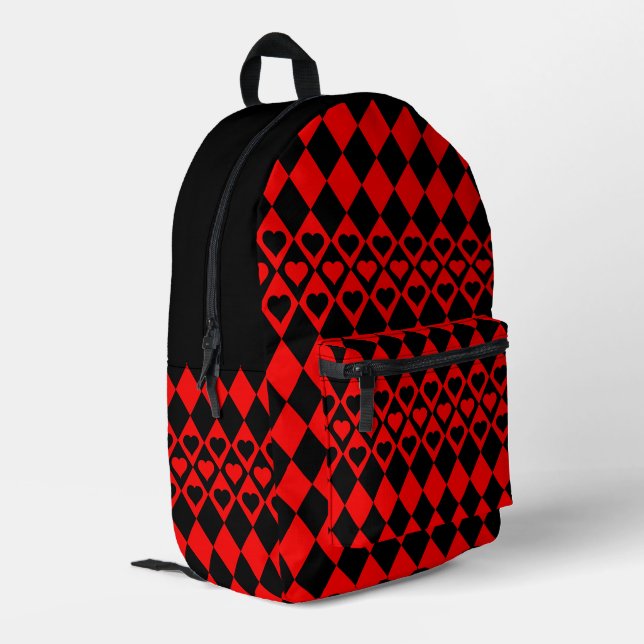 Red & Black Harlequin mit Herz Bedruckter Rucksack (Rückseitige Ecke links)