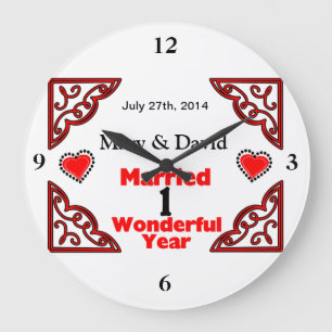 Red Black Hearts Names & Date 1 Jahr Jahrestag Große Wanduhr