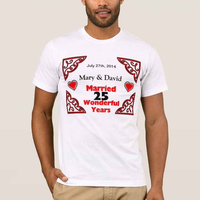 Red Black Hearts Names & Date 25-Jährig T-Shirt (Vorderseite)