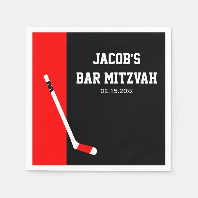 Red Black Hockey Bar Mitzvah Personalisiert Serviette (Vorderseite)