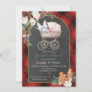 Red Black Kariert Baby Carriage Gender Reveal Einladung