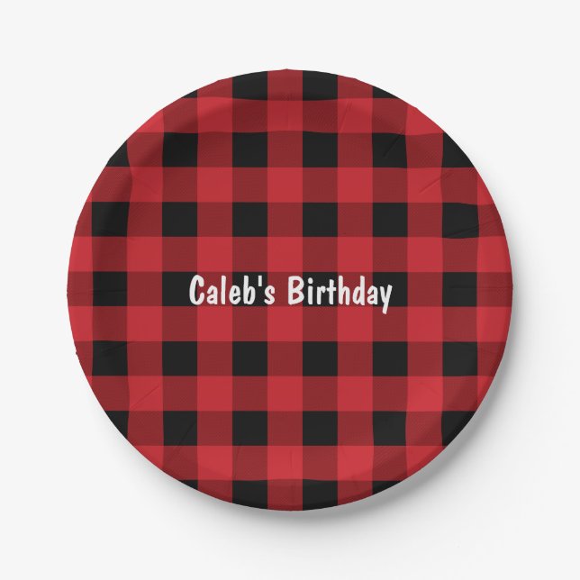 Red & Black Kariert Checkered Birthday Paper Telle Pappteller (Vorderseite)