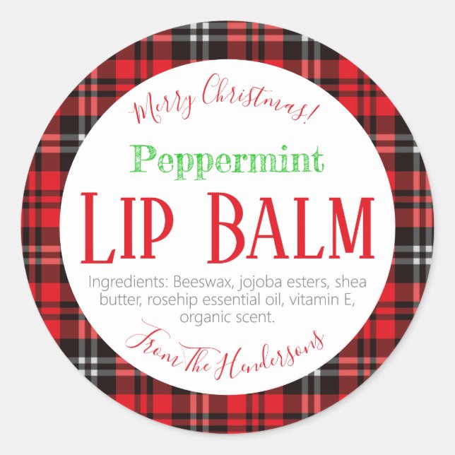 Red Black Kariert Christmas Peppermint Lip Balm Runder Aufkleber (Vorderseite)