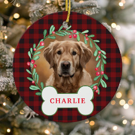 Red & Black Kariert Dog Foto Weihnachtskranz Keramik Ornament