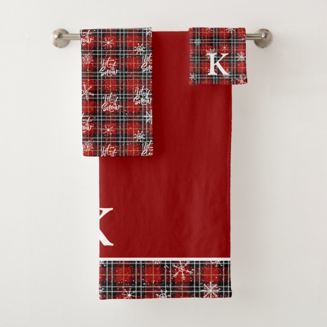 Red Black Kariert Snowflake Monogram LET IT SNOT Badhandtuch Set (Insitu)
