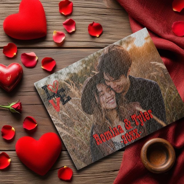 Red & Black LIEBE Design mit Foto, Namen und Datum Puzzle (Happy Valentine's Day Love custom Photo and Names Jigsaw Puzzle)