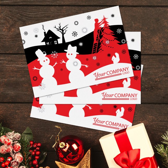Red Black Logo Business Company Weihnachtsfeiertag Folieneinladung (red black company holiday greeting cards, logo'd red logo client business Christmas cards snowmen)
