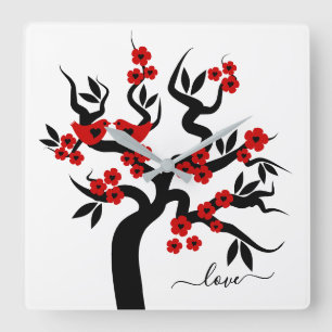 Red black Love birds sakura cherry tree & blossoms Quadratische Wanduhr