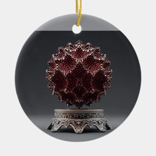 Red & Black Mandelbrot Sphere On Silver Pedestal Keramik Ornament (Vorne)