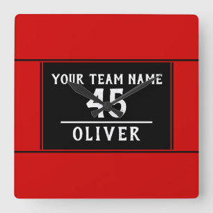 Red Black mit Team Name Number Quadratische Wanduhr