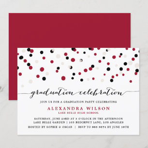 Red & Black Modern Confetti Dots Graduation Party Einladung