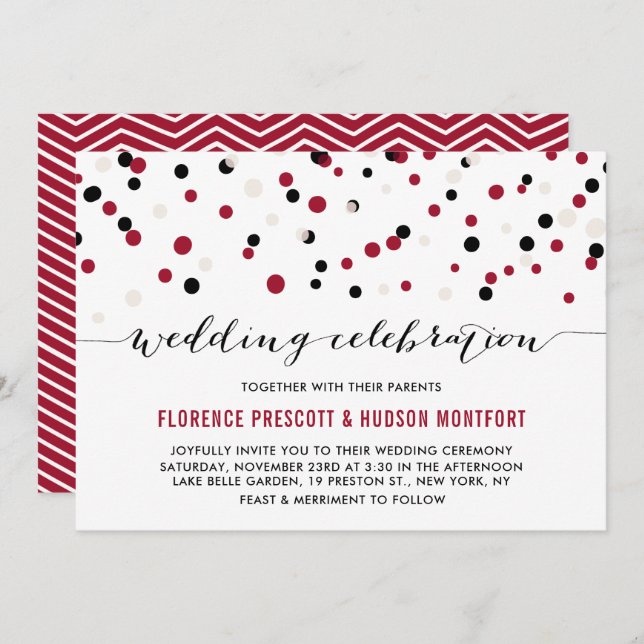 Red & Black Modern Confetti Dots Wedding Einladung (Vorne/Hinten)