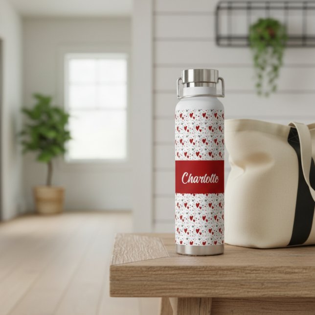 Red Black Modern Hearts Retro Monogram Name Trinkflasche (cute red and black retro hearts water bottle with name monogram)