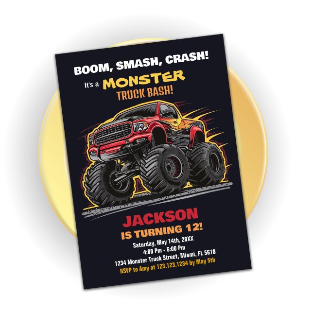 Red Black Monster Truck Birthday Einladungen (Red Black Monster Truck Birthday Invitations)