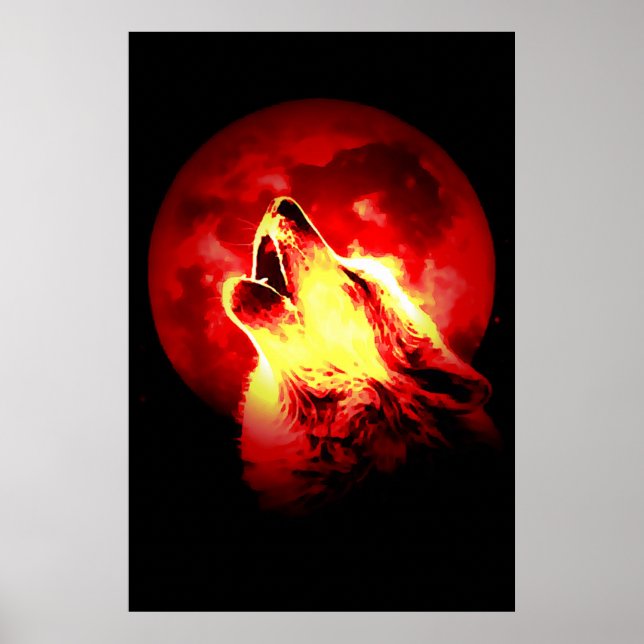Red Black Motivierend Wolf Howls Vollmond Print Poster (Vorne)