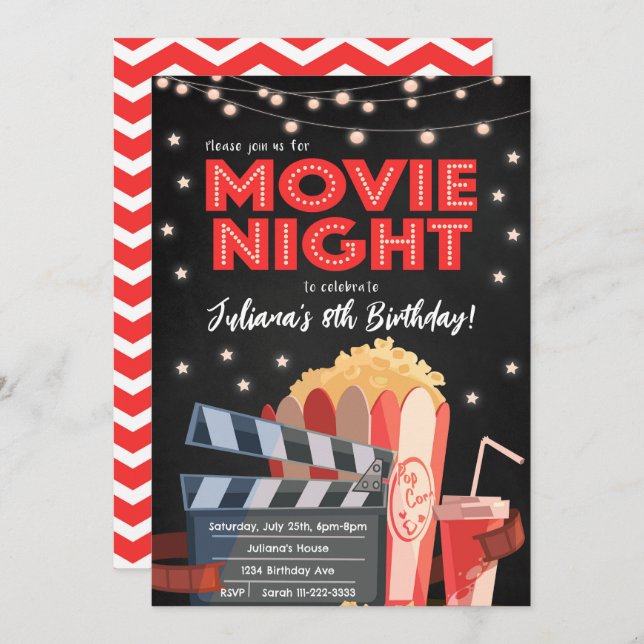 Red Black Movie Night Birthday Einladung (Vorne/Hinten)