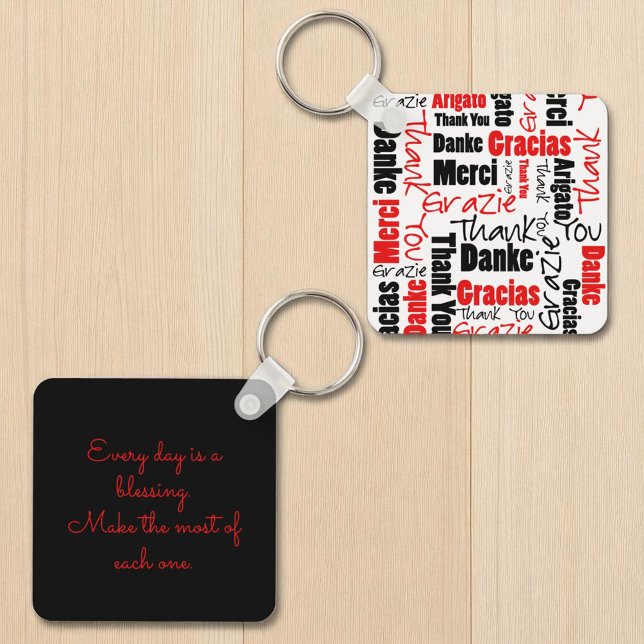 Red Black Multilingual "Danke" Typografie Schlüsselanhänger (front and back key ring template on back )