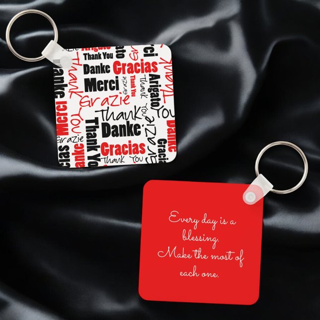 Red Black Multilingual "Danke" Typografie Schlüsselanhänger (key ring front and back with template text on back)