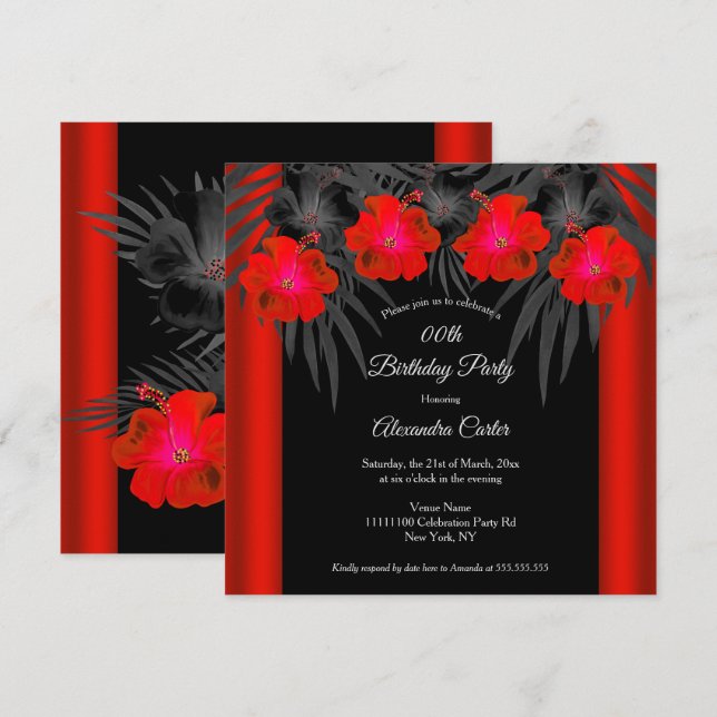 Red Black Palms Hibiskus Tropical Birthday Party Einladung (Vorne/Hinten)