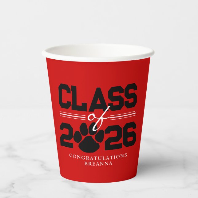 Red & Black Pawprint Class of Abschluss Pappbecher (Vorderseite)