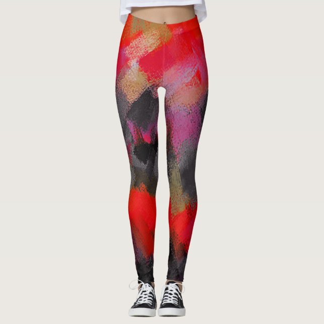 Red Black Pink Paint Spritzer Leggings (Vorderseite)