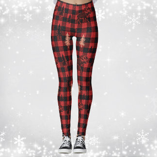 Red Black Plaid Tartan Moose Cabin Country   Leggings