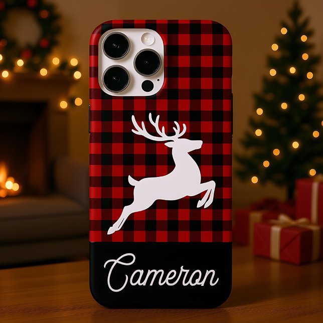Red & Black Plaid with Reindeer Custom Name Case-Mate iPhone Hülle (Von Creator hochgeladen)