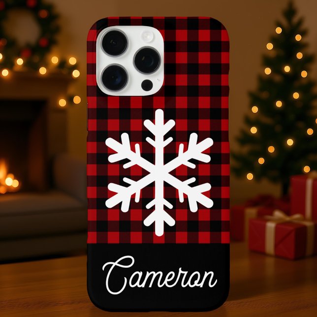 Red & Black Plaid with Snowflake Custom Name Case-Mate iPhone Hülle (Von Creator hochgeladen)