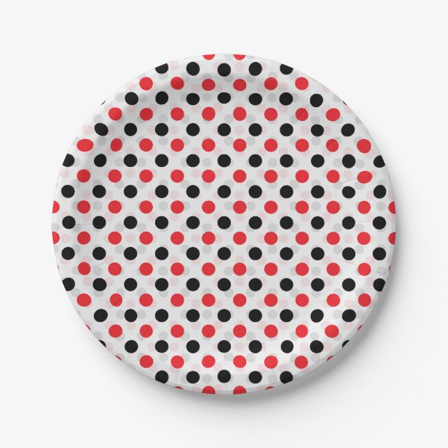 Red Black Polka Dots Textile Muster Design Pappteller (Vorderseite)