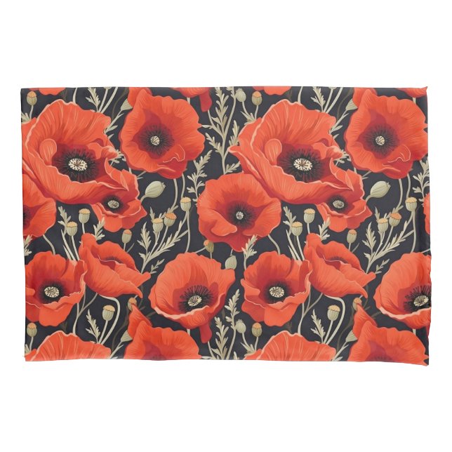 Red Black Poppy Blume Pattern Kissenbezug (Vorderseite)