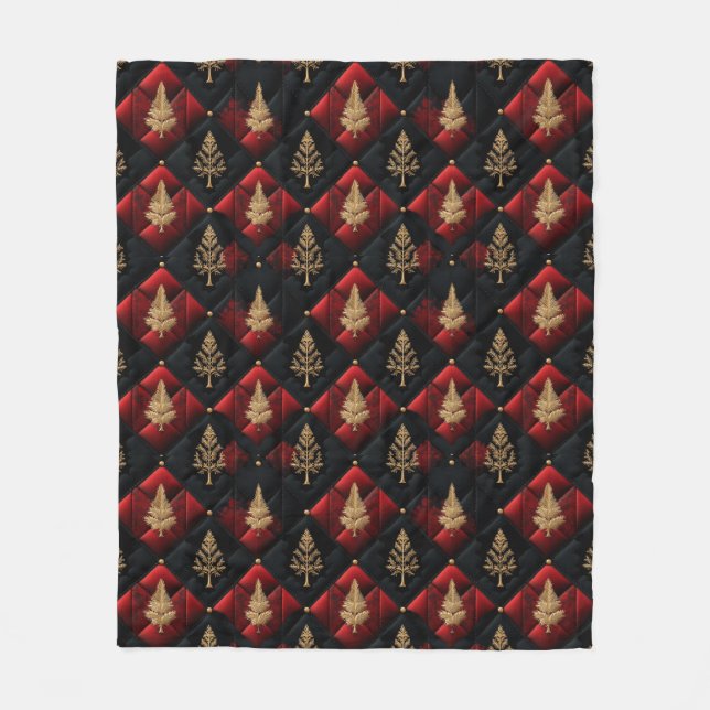 Red Black Quilt Squares Gold Weihnachtsbaumen Fleecedecke (Vorderseite)