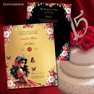 Red Black Quinceanera Kleid Floral Butterfliegen