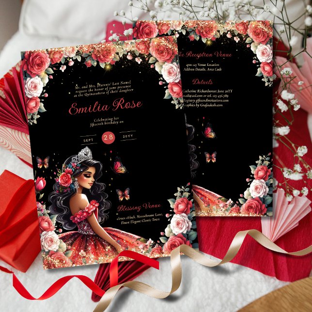 Red Black Quinceanera Kleid Floral Butterfliegen Einladung (Von Creator hochgeladen)