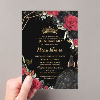 Red Black Rose Blumenkleid Gold Quinceañera XV Acryleinladungen