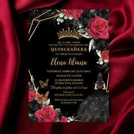 Red Black Rose Blumenkleid Gold Quinceañera XV Einladung