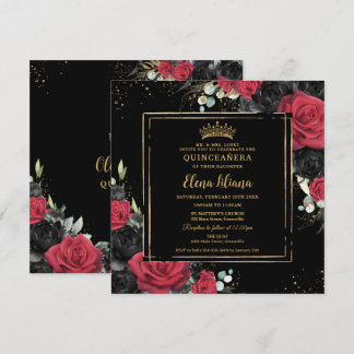 Red Black Rose Floral Gold Quinceanera Sweet 16 Einladung