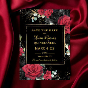 Red Black Rose Floral Gold Quinceanera Sweet 16 Save The Date