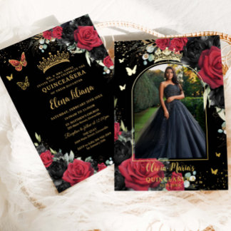 Red Black Rose Floral Quinceañera Sweet 16 Foto Folieneinladung