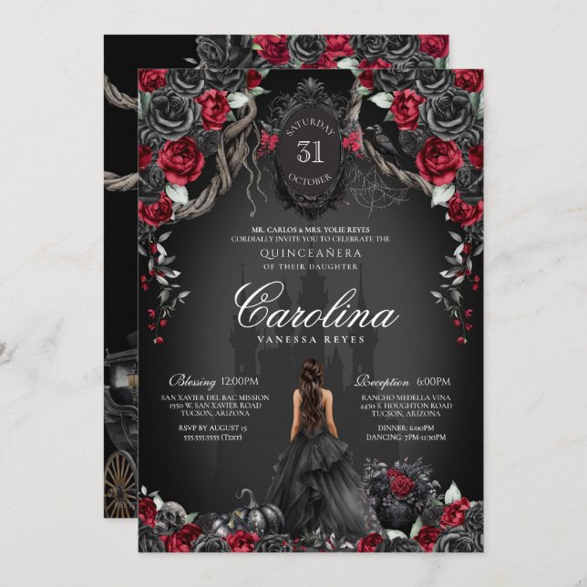 Red Black Rose Gothic Haunted Castle Quinceanera Einladung (Vorne/Hinten)
