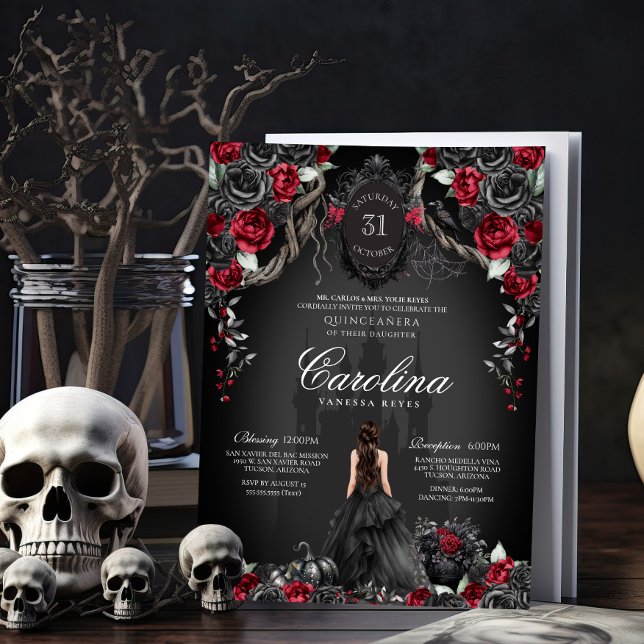 Red Black Rose Gothic Haunted Castle Quinceanera Einladung (Von Creator hochgeladen)
