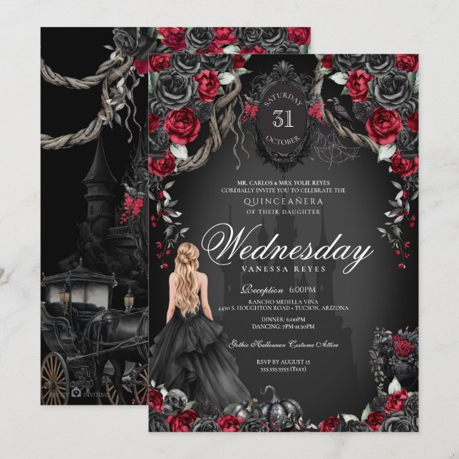 Red Black Rose Quinceanera Gothic Halloween Einladung (Vorne/Hinten)