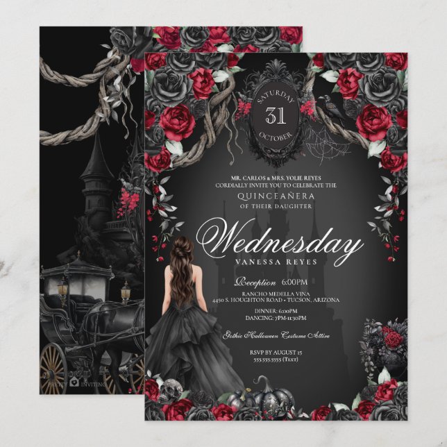 Red & Black Rose Quinceañera Halloween Gothic Einladung (Vorne/Hinten)