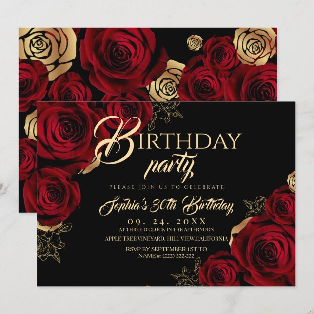 Red Black Roses Birthday Party Invitation Einladung (Vorne/Hinten)