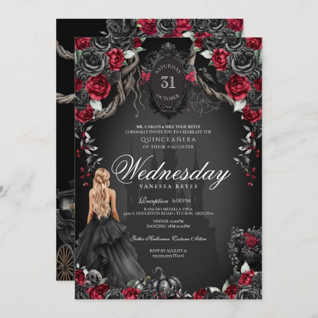 Red Black Roses Quinceanera Gothic Halloween  Einladung (Vorne/Hinten)