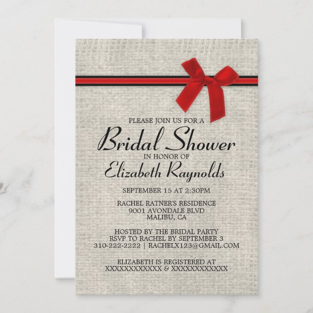 Red Black Rustic Burlap Bridal Dusche Einladungen (Vorderseite)