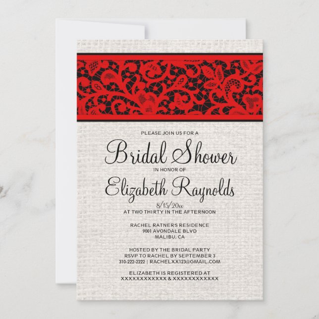 Red Black Rustic Burlap Linen Brautparty Einladung (Vorderseite)